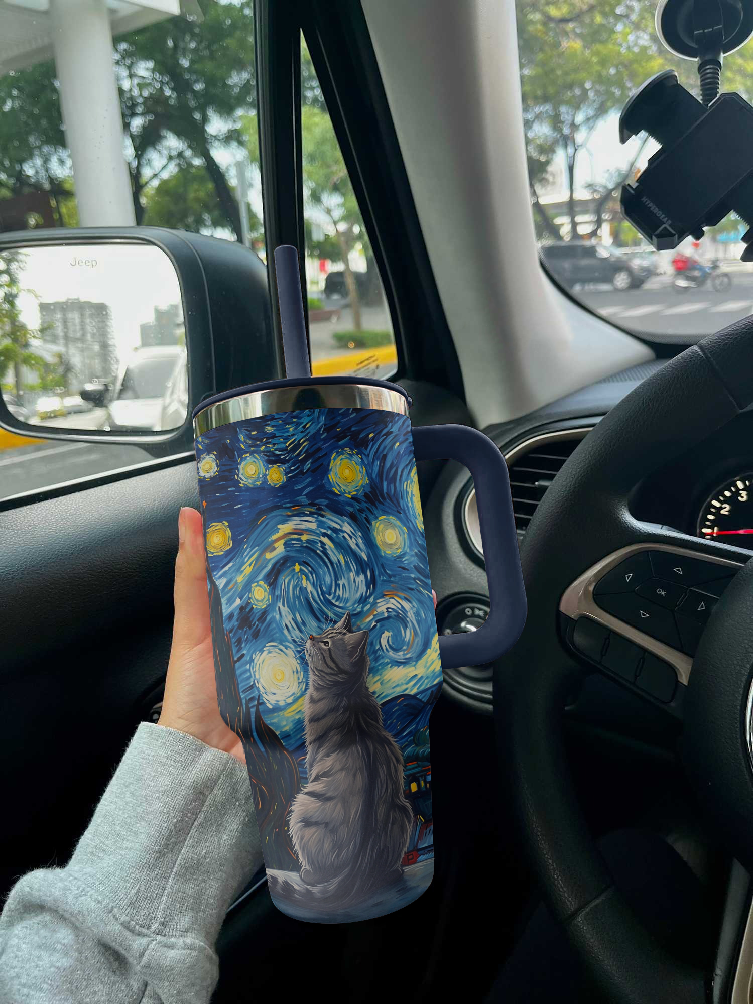 Cat 40 Oz Shineful™ Tumbler Van Gogh Style V1 Vq03 Navy 40Oz