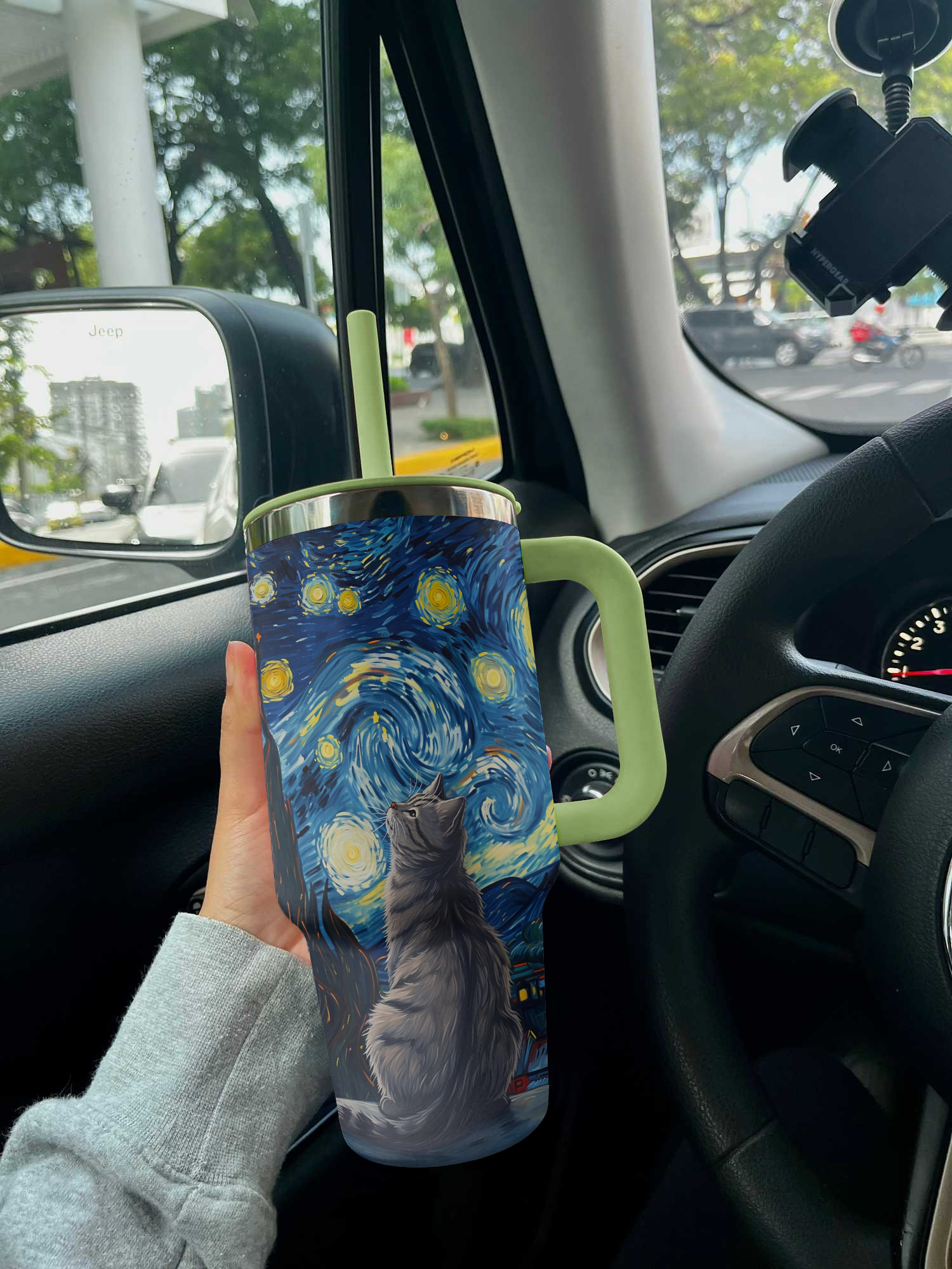 Cat 40 Oz Shineful™ Tumbler Van Gogh Style V1 Vq03 Green 40Oz