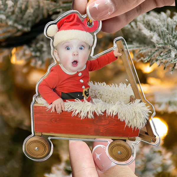 Custom Baby Face - Red Wagon - Personalized Acrylic Photo Ornament