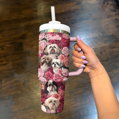 Glänzender personalisierter Becher Blühender Shih Tzu