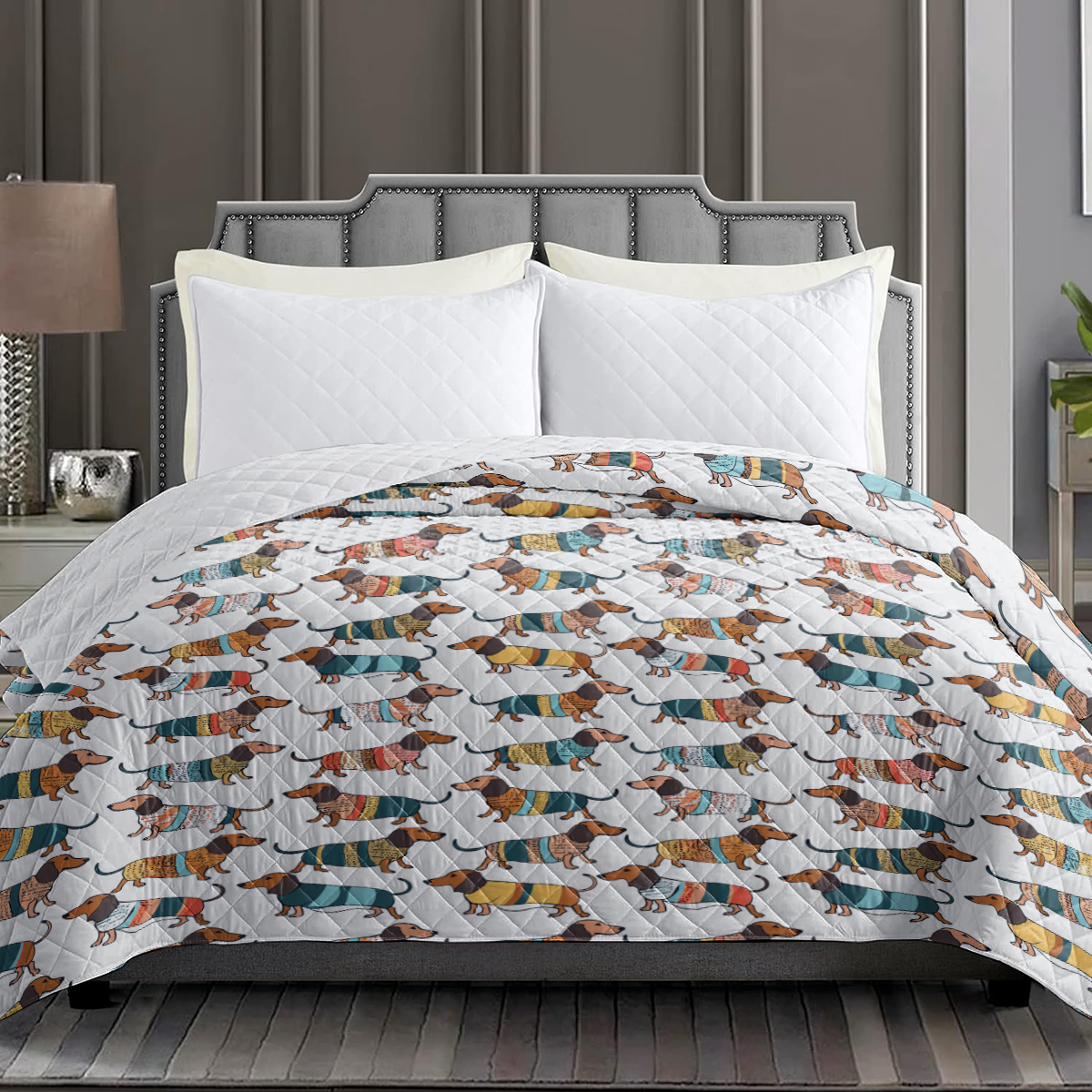 Shineful Flat Print Faux Quilt Blanket Playful Dachshunds v2