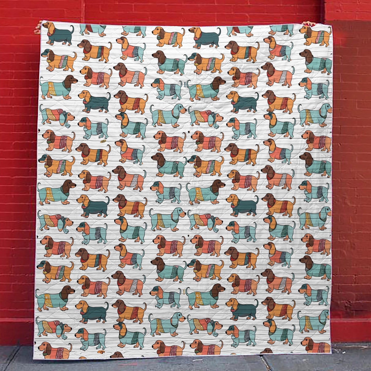 Shineful Flat Print Faux Quilt Blanket Playful Dachshunds v3