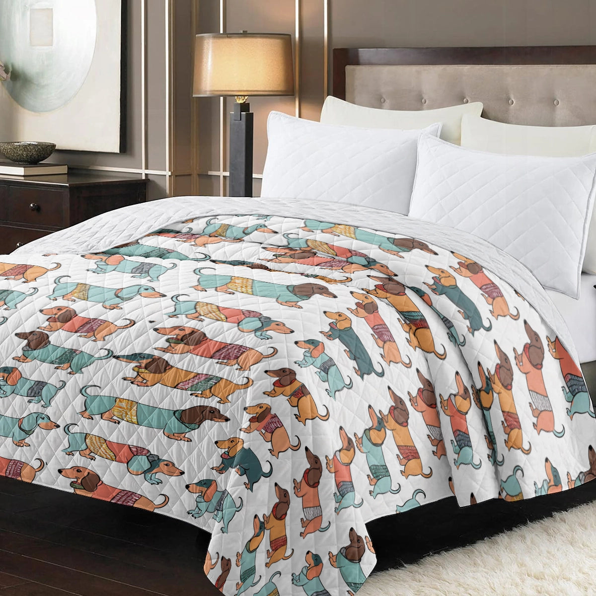 Shineful Flat Print Faux Quilt Blanket Playful Dachshunds v3