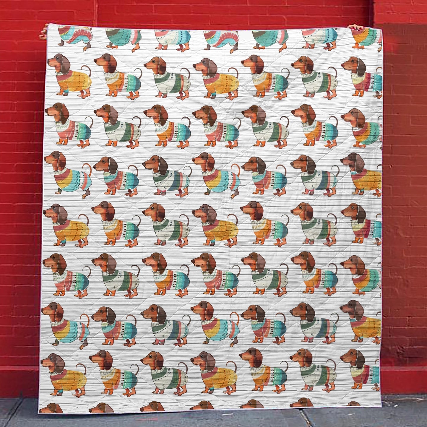 Shineful Flat Print Faux Quilt Blanket Playful Dachshunds v4