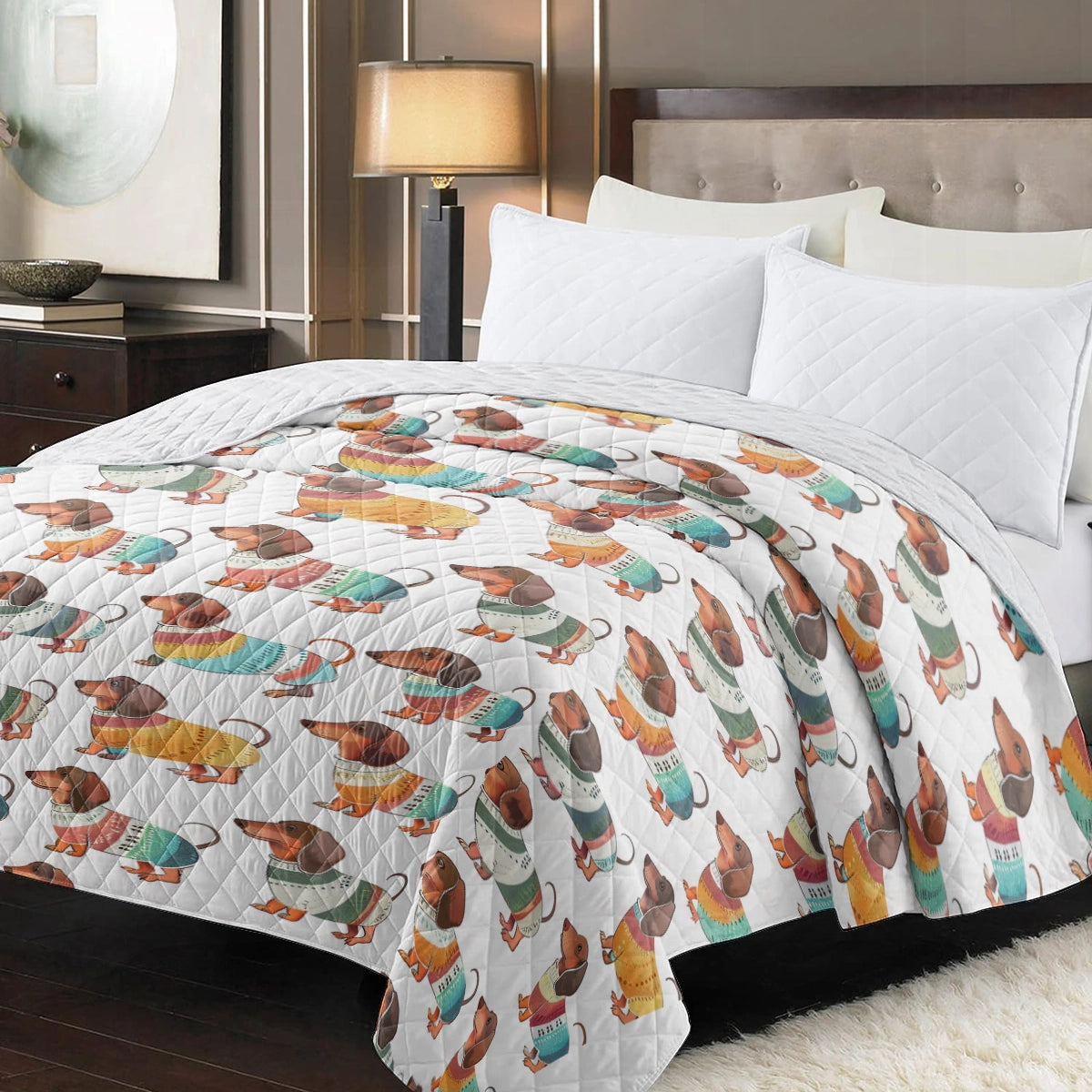 Shineful Flat Print Faux Quilt Blanket Playful Dachshunds v4