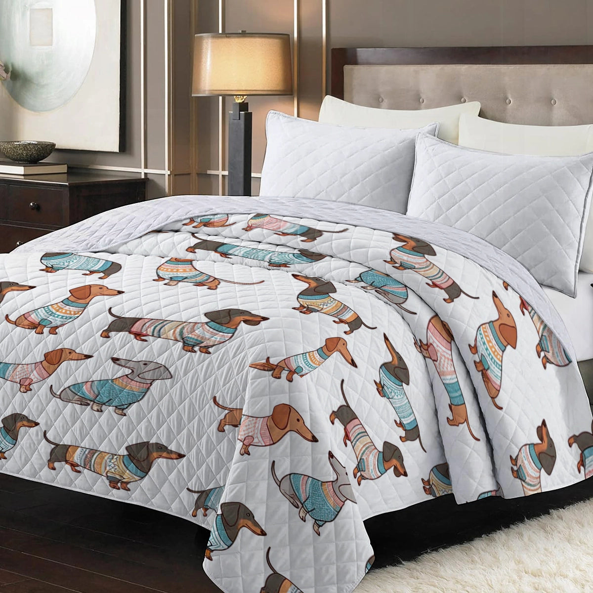 Shineful Flat Print Faux Quilt Blanket Playful Dachshunds