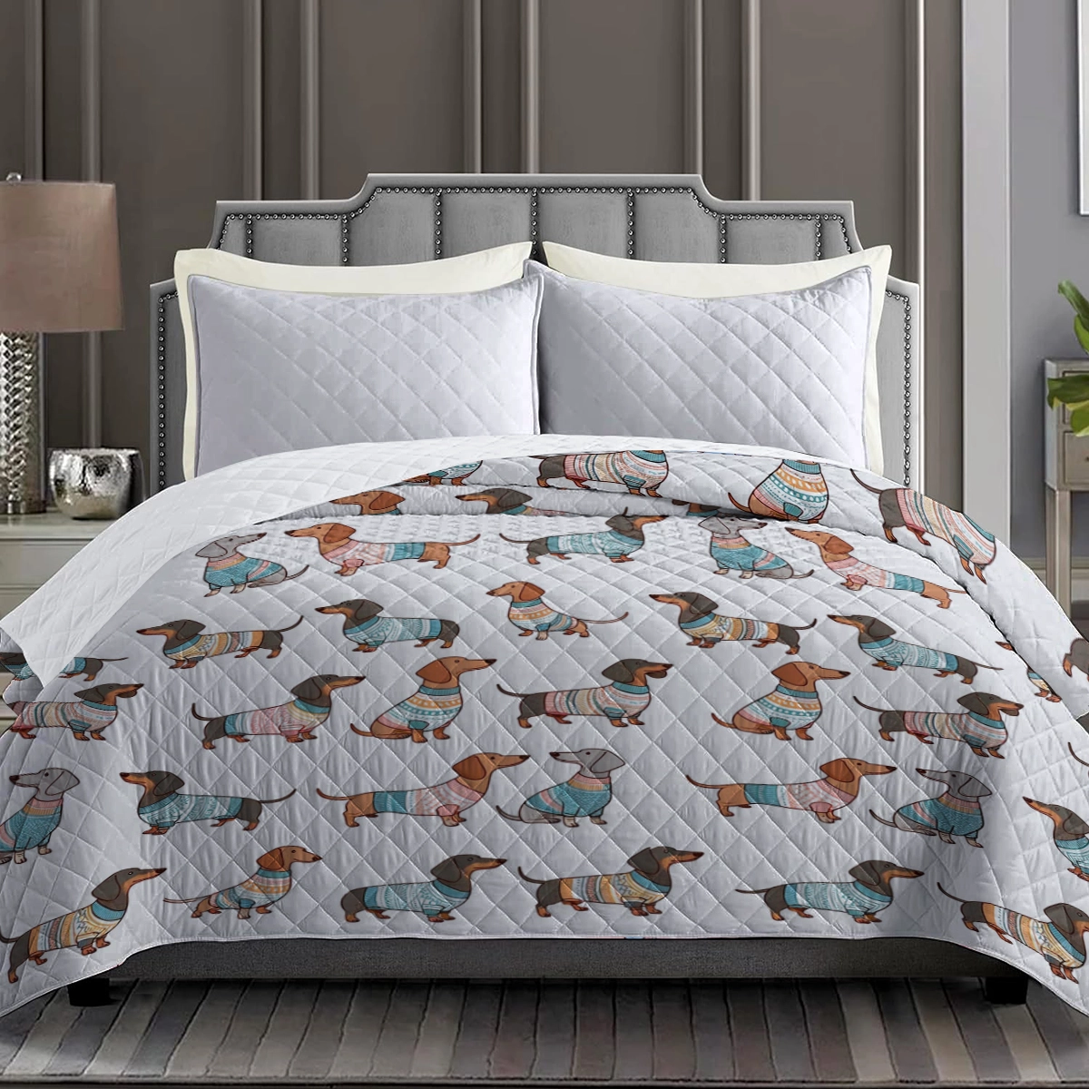 Shineful Flat Print Faux Quilt Blanket Playful Dachshunds