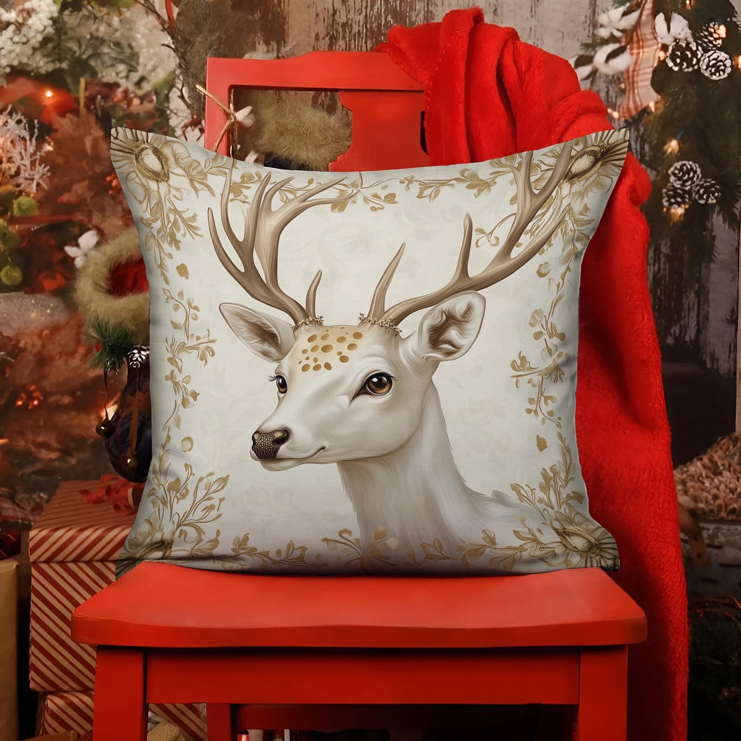 Shineful 2D Print Cushion Cover, Pillowcase, Pillows Covers - White Deer With Golden Spot Christmas