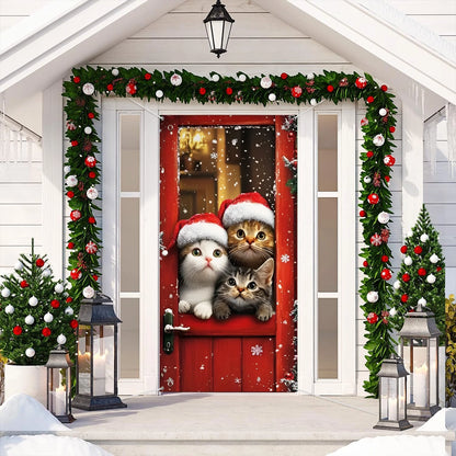 Shineful Door Cover Santa Hat Kitties Christmas Entryway