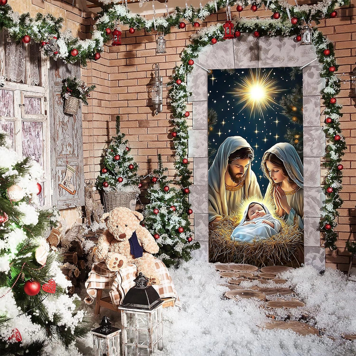 Shineful Door Cover Sacred Nativity Scene