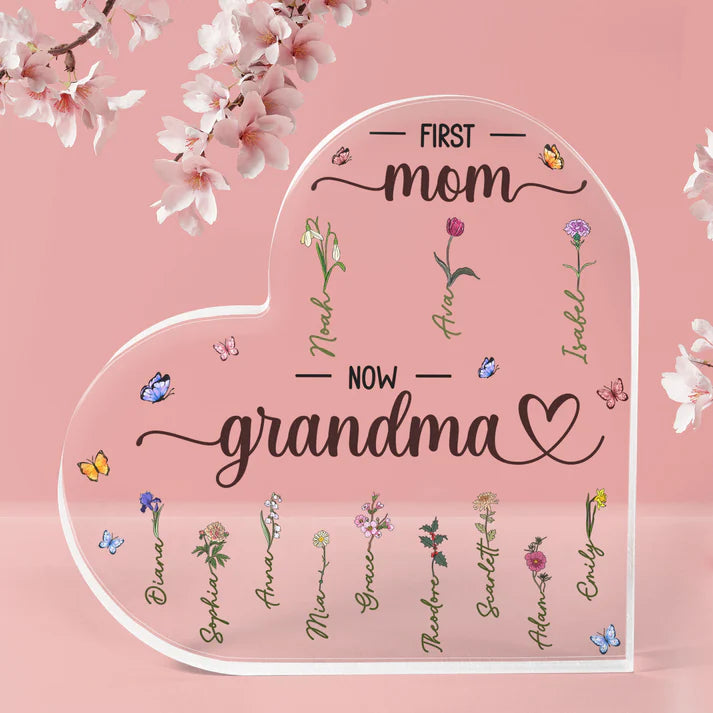 Shineful First Mom Now Grandma - Plaque acrylique personnalisée en forme de cœur