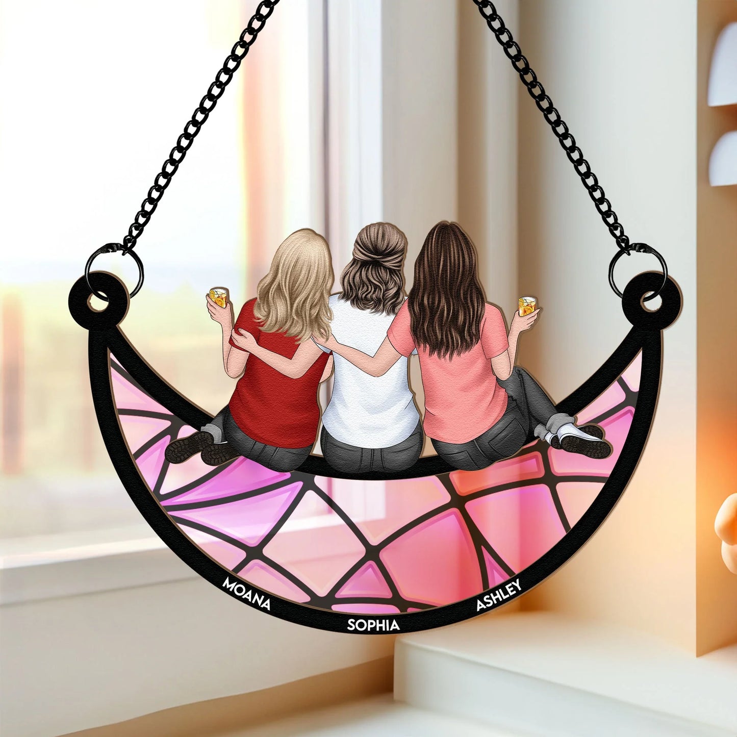 Shineful Friends, Sisters Sitting On The Moon Personalized Hanging Suncatcher