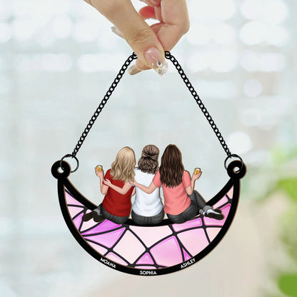 Shineful Friends, Sisters Sitting On The Moon Personalized Hanging Suncatcher