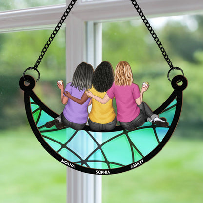 Shineful Friends, Sisters Sitting On The Moon Personalized Hanging Suncatcher