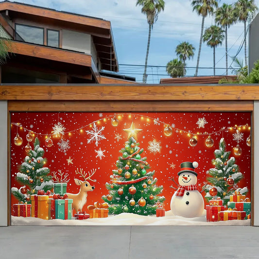 Shineful Garage Door Banner Decoration - Christmas Magic Snowman and Reindeer in a Festive Wonderland
