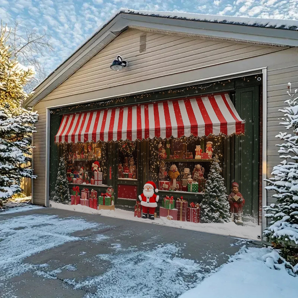 Shineful Garage Door Banner Decoration - Christmas Magic at the Window A Snowy Shopfront with Santa and Presents