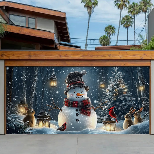 Shineful Garage Door Banner Decoration - Snowman and Forest Companions in a Lantern Lit Winter Scene