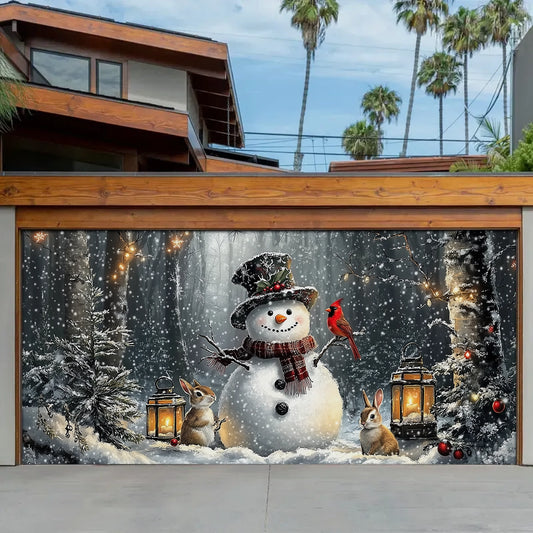 Shineful Garage Door Banner Decoration - Winter Forest Snowman Gathering with Bunnies and Cardinals
