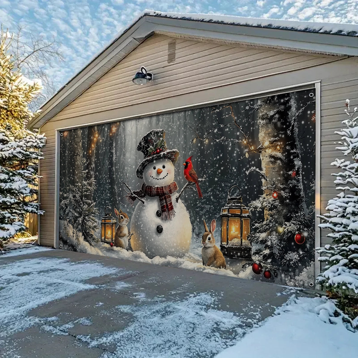 Shineful Garage Door Banner Decoration - Winter Forest Snowman Gathering with Bunnies and Cardinals
