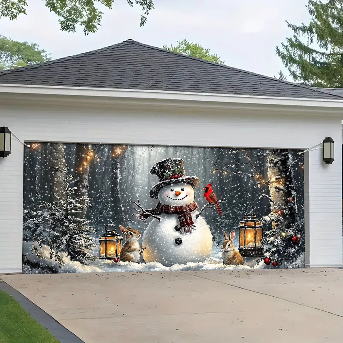 Shineful Garage Door Banner Decoration - Winter Forest Snowman Gathering with Bunnies and Cardinals