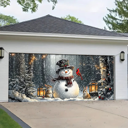 Shineful Garage Door Banner Decoration - Winter Forest Snowman Gathering with Bunnies and Cardinals