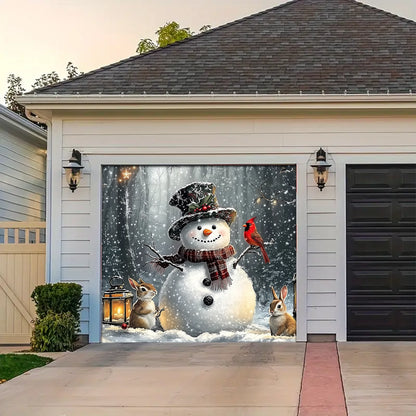 Shineful Garage Door Banner Decoration - Winter Forest Snowman Gathering with Bunnies and Cardinals