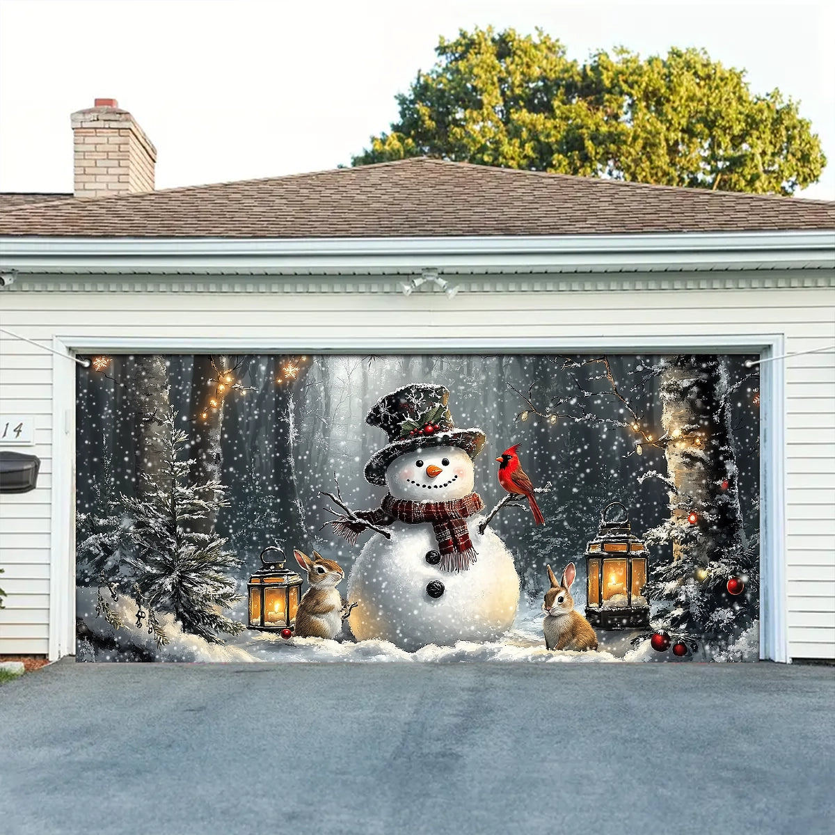 Shineful Garage Door Banner Decoration - Winter Forest Snowman Gathering with Bunnies and Cardinals