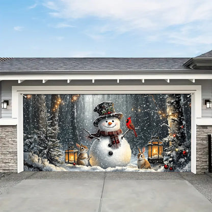 Shineful Garage Door Banner Decoration - Winter Forest Snowman Gathering with Bunnies and Cardinals