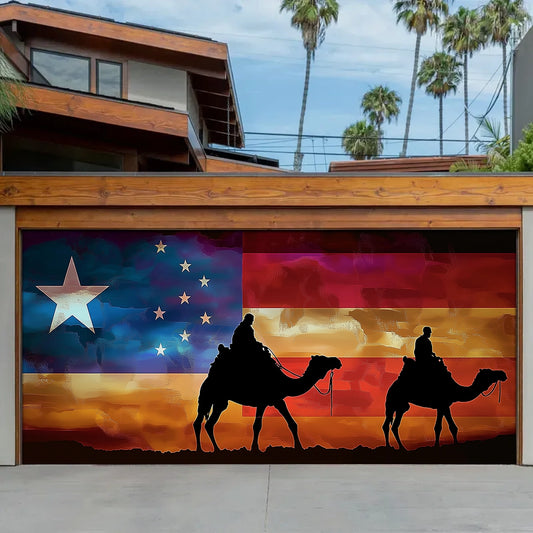 Shineful Garage Door Banner Decoration - Patriotic Trail Soldiers Riding Camels Beneath the American Spirit