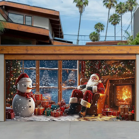 Shineful Garage Door Banner Decoration - Santa and Snowman by the Fireplace