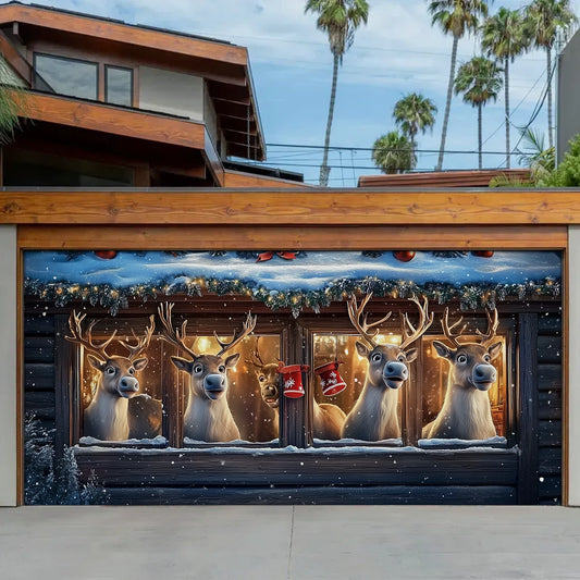 Shineful Garage Door Banner Decoration - Festive Reindeer Watching the Holiday Cheer