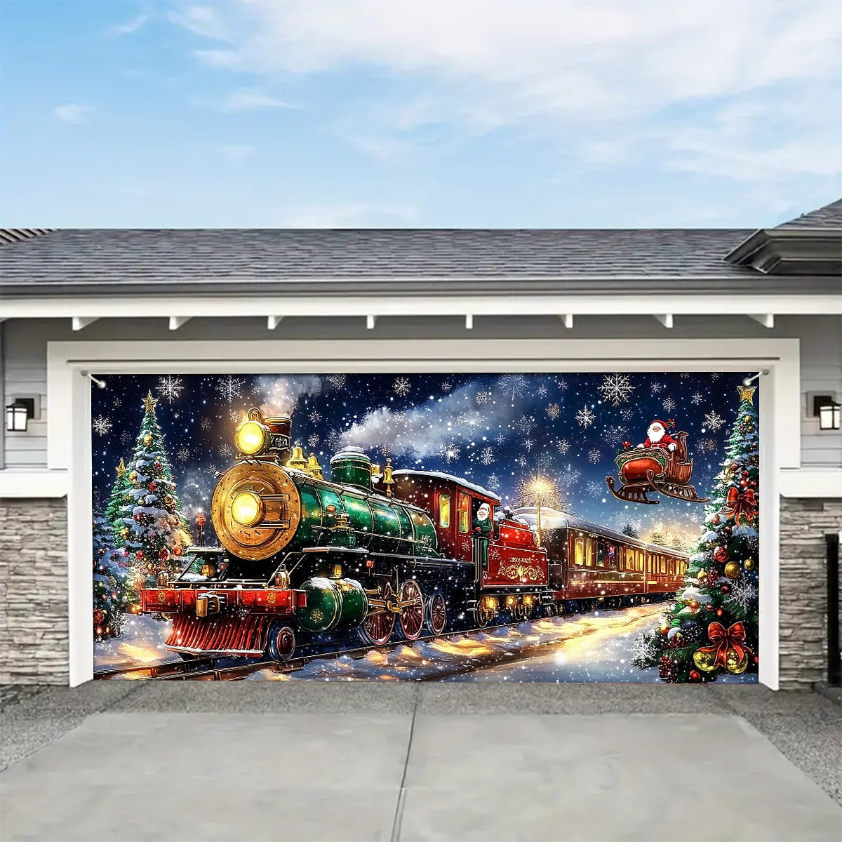 Shineful Garage Door Banner Decoration - Winter Wonderland Express A Magical Christmas Train with Santa