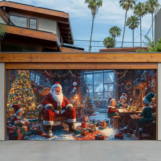 Shineful Garage Door Banner Decoration - Santa’s Workshop Magic A Cozy Christmas Scene of Joy and Gifts