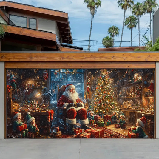 Shineful Garage Door Banner Decoration - Santa’s Cozy Workshop A Magical Christmas Eve with Elves and Gifts
