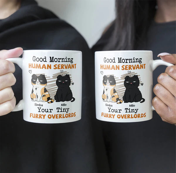 Glänzendes Becher-Geschenk für Katzenliebhaber - Guten Morgen, menschlicher Diener, personalisiert