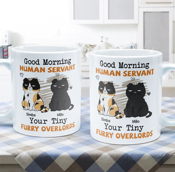 Cadeau de tasse brillante pour les amoureux des chats - Bonjour serviteur humain personnalisé