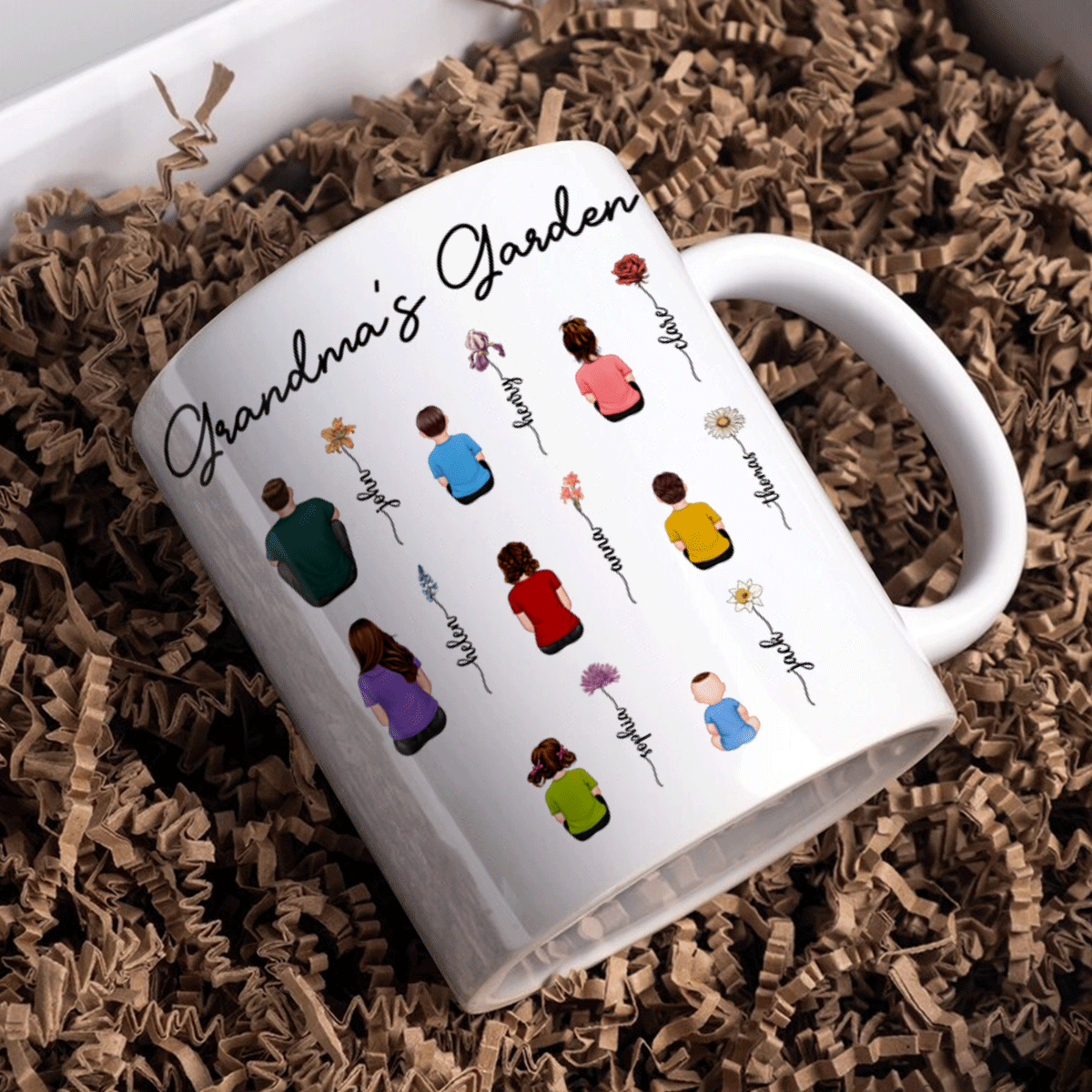 Shineful Mug Gift For Grandma, Mom, Auntie - Vintage Birth Month Flowers Garden With Grandkids Names TH7