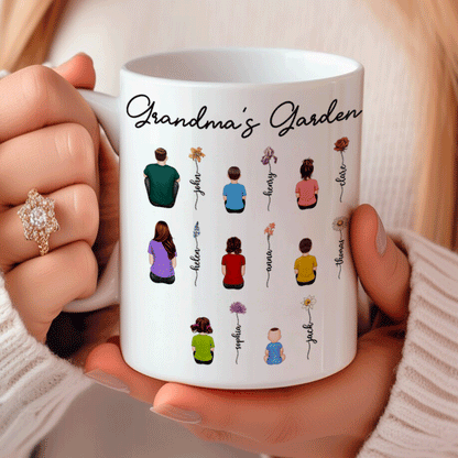 Shineful Mug Gift For Grandma, Mom, Auntie - Vintage Birth Month Flowers Garden With Grandkids Names TH7