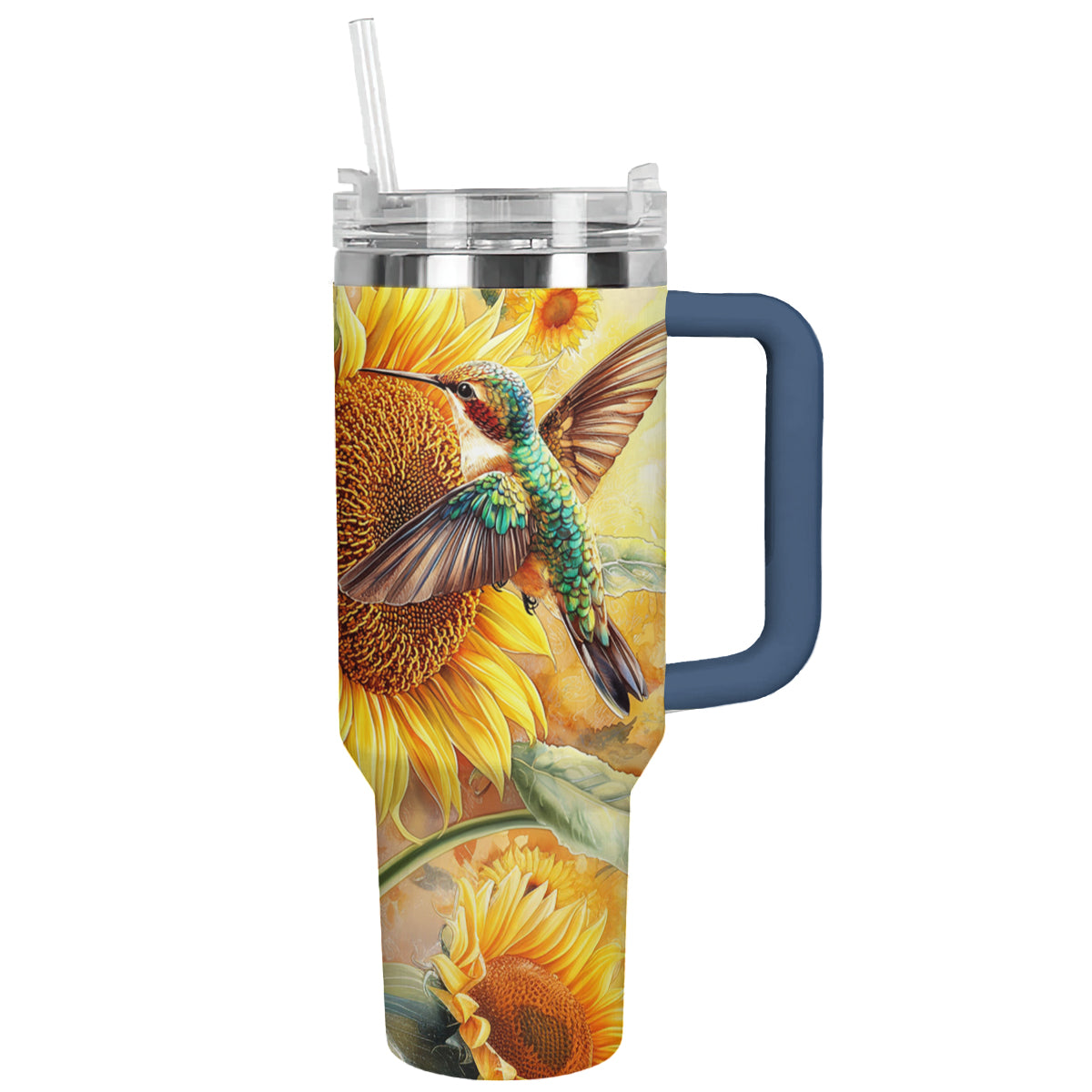 Glänzender Becher mit Kolibri und Sonnenblume