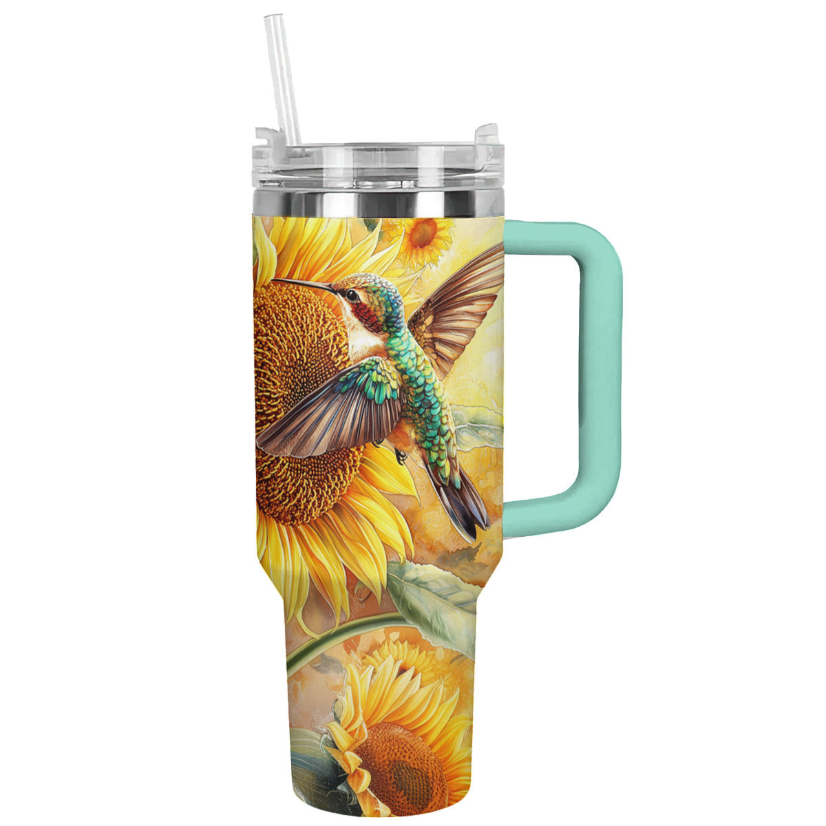 Glänzender Becher mit Kolibri und Sonnenblume