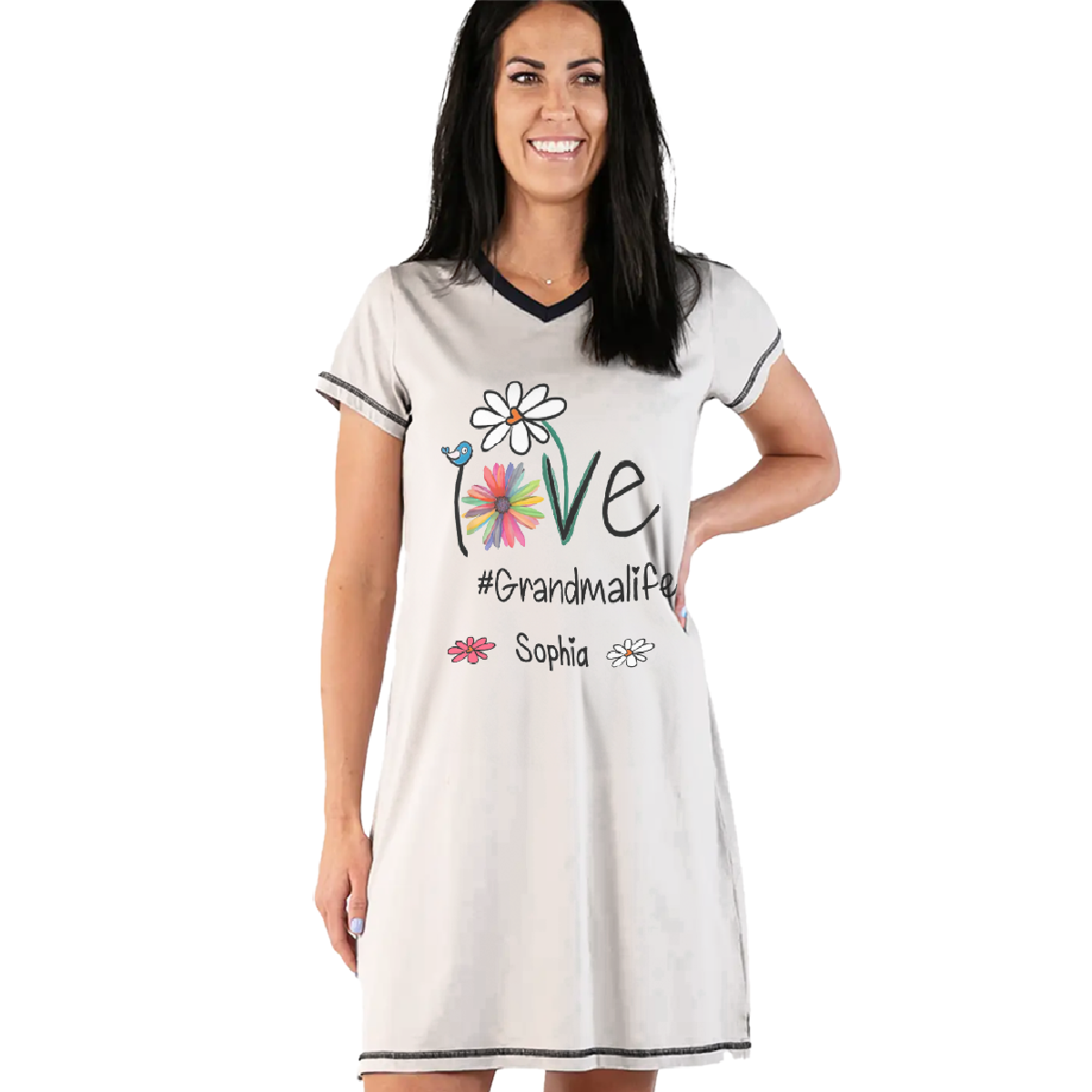 Grandma Pajabears® Personalized Women V-Neck Nightshirt Love Life Flower And Grandkids Lv01 V-Neck