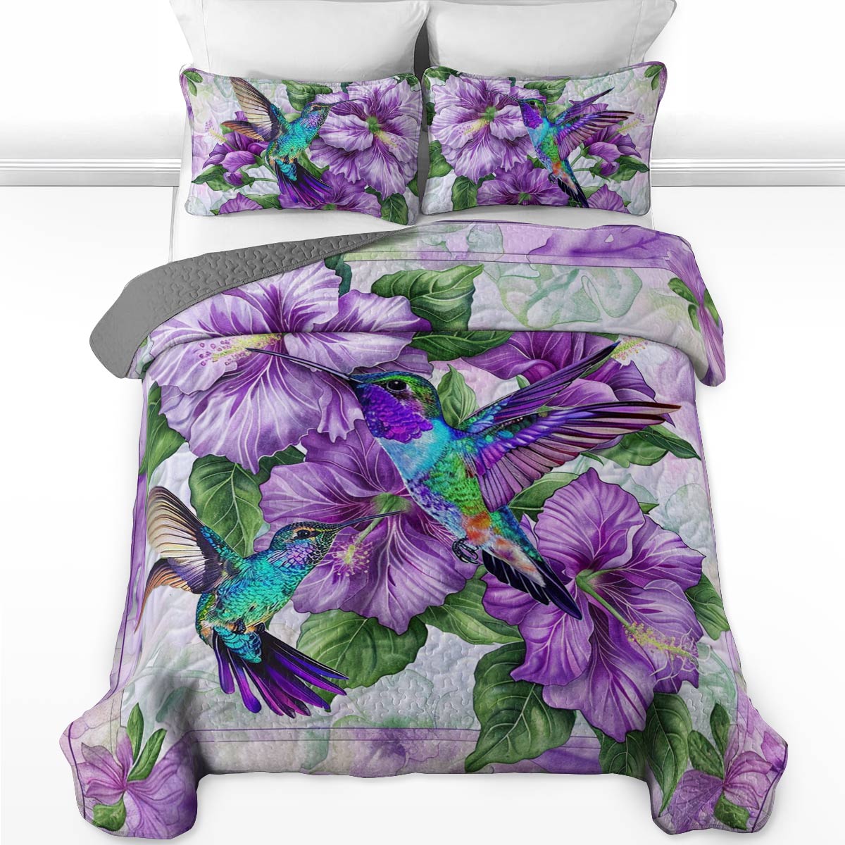 Shineful All Season Quilt 3-Piece Set Gorgeous Hummingbirds With Hibiscus Flowers