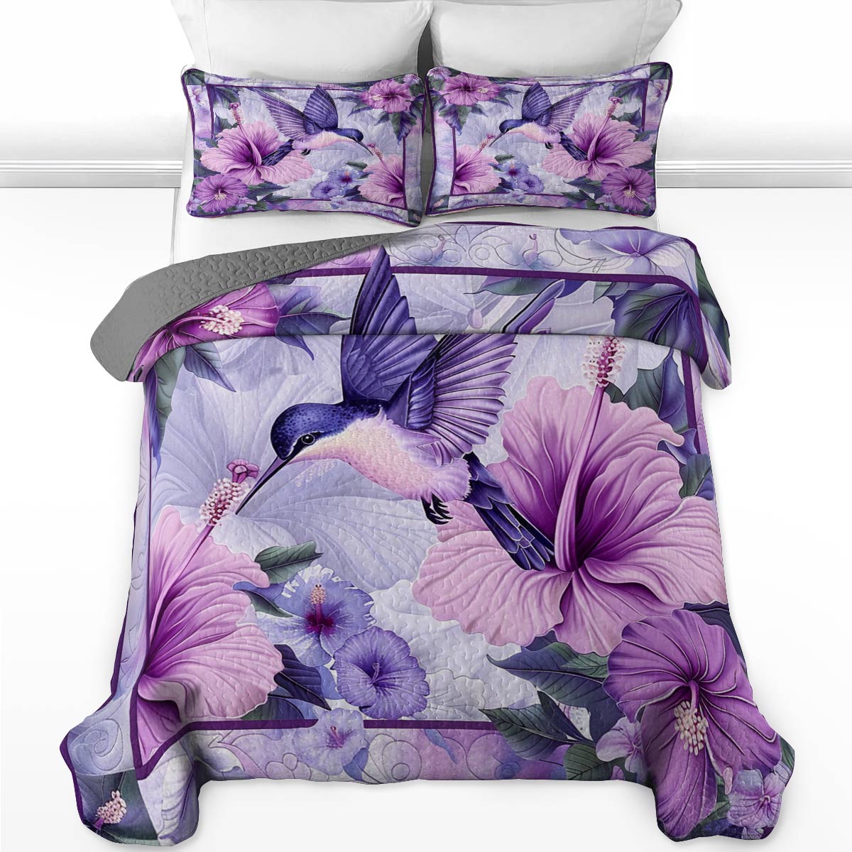 Shineful All Season Quilt 3-Piece Set Gorgeous Hummingbird With Hibicus Flowers