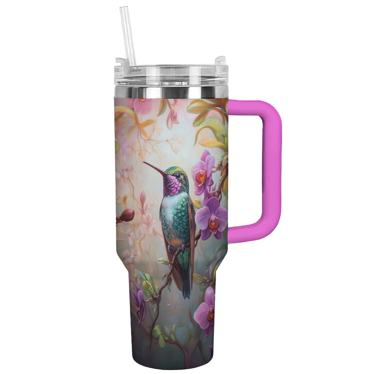 Glänzender Becher mit Orchideenkolibri