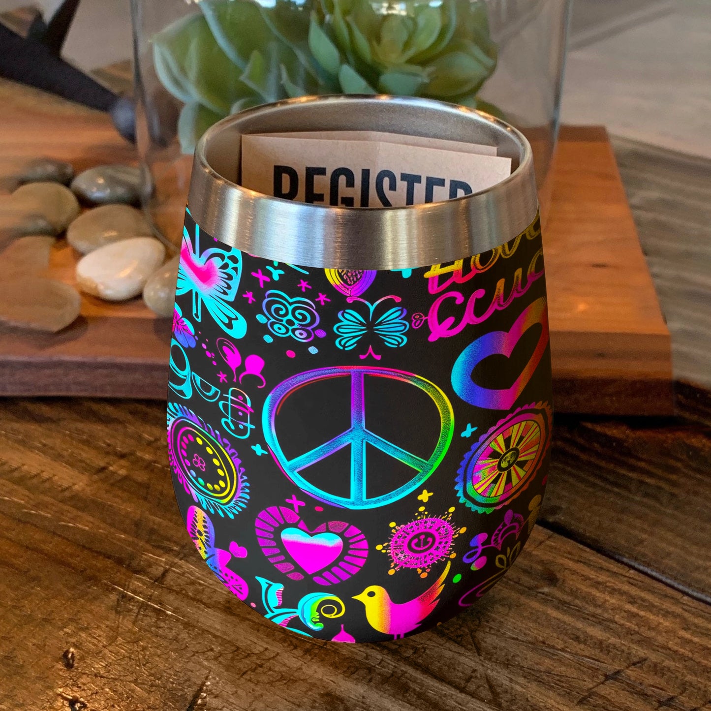 Glänzender Weinbecher Hippie Peace Zeichen