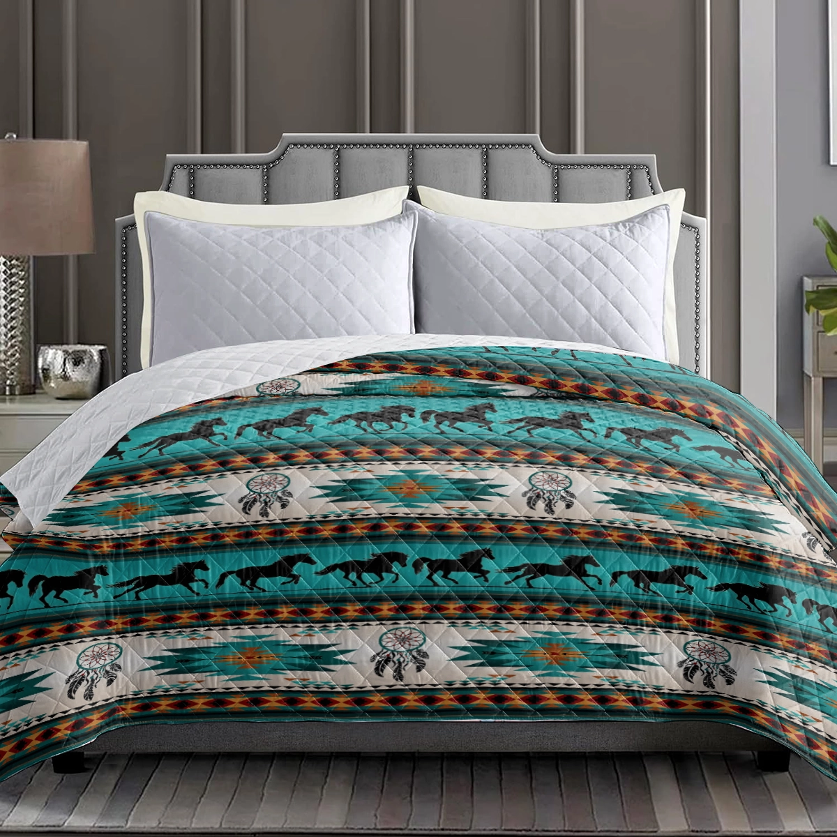 Shineful Flat Print Faux Quilt Blanket Traditional Horse motifs