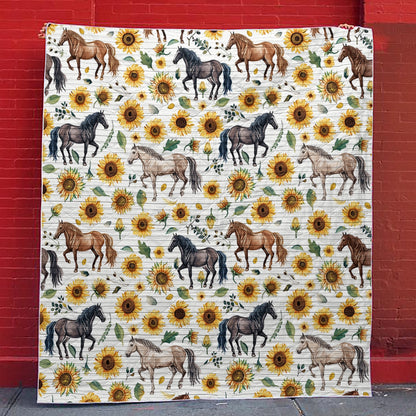 Shineful Flat Print Faux Quilt Blanket Graceful Sunflower Horse