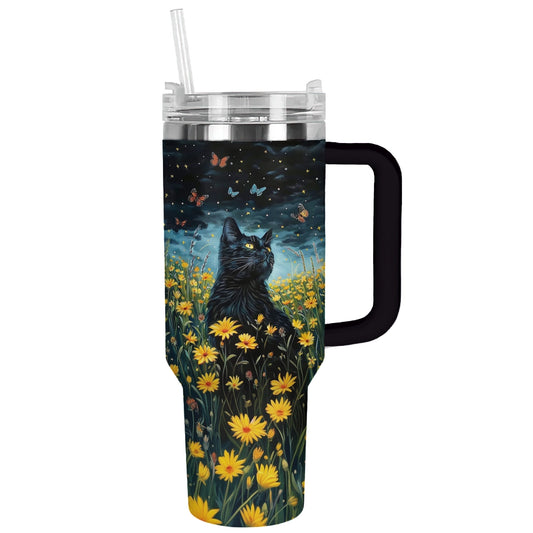 Glänzender Becher mit Blumenmotiv, schwarze Katze