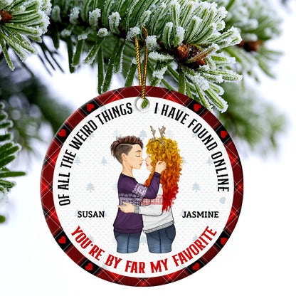 Glänzendes Dekorationsornament „You Are My Favorite By Far“ – personalisiertes individuelles Ornament für Paare – Keramik, rund