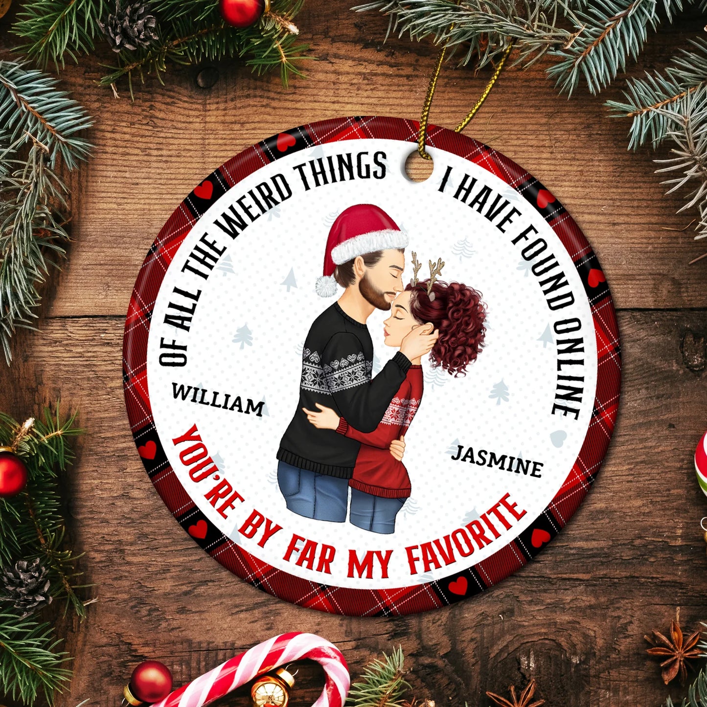 Glänzendes Dekorationsornament „You Are My Favorite By Far“ – personalisiertes individuelles Ornament für Paare – Keramik, rund